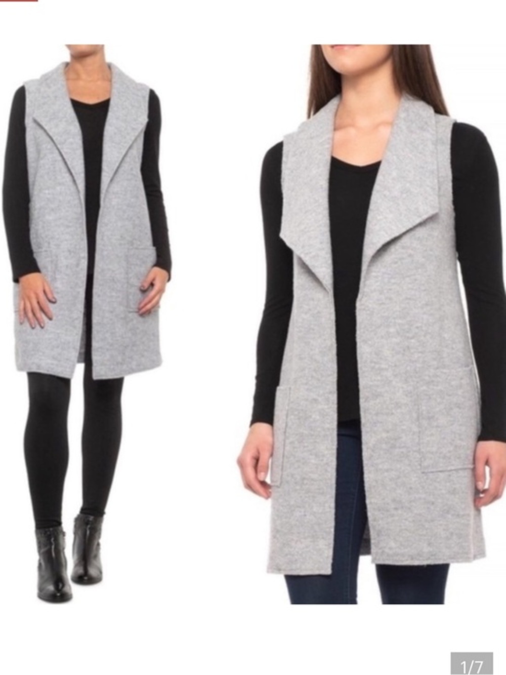 Tahari Long Gray Wool Vest with Shawl Collar Large Quiet Luxury Cozy Old Money